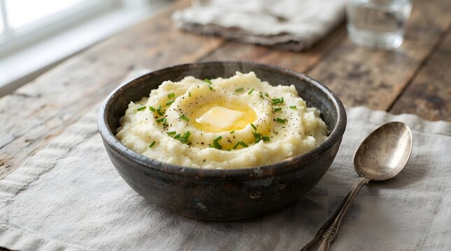 Creamy mashed potatoes in a rustic bowl with a pat of melting butter and fresh chives on a wooden table