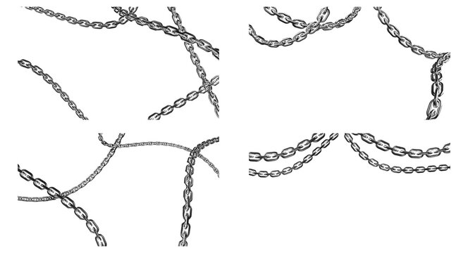 Black metal chain links overlay set, isolated PNG graphic elements for digital design projects.