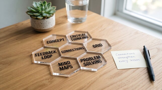 Wooden table with hexagonal glass tiles displaying business strategy concepts such as mind maps grid problem solving critical thinking feedback loop office desk