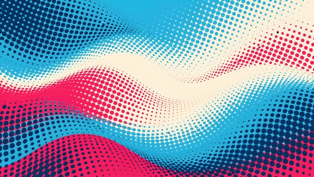 Halftone wave pattern with red blue and white color gradients