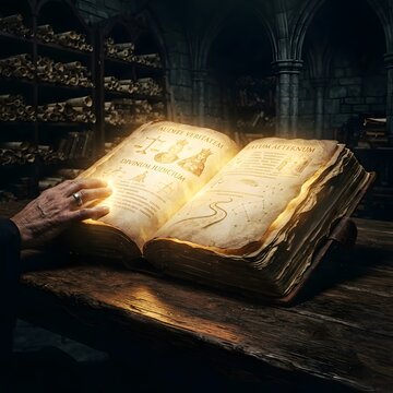 Elderly person reading an ancient magical book with glowing pages on a wooden table inside a dark stone library old library mystical tome spell book fantasy readin