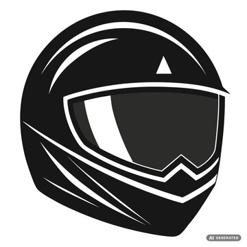 Black and white icon of a full face motorcycle helmet with a dark visor, depicted in a stylized on white background