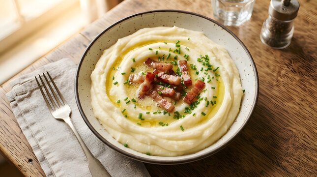 Creamy mashed potatoes topped with crispy bacon bits and fresh chives in a bowl on a wooden table