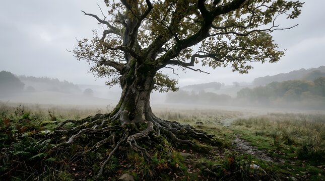 Large old tree with sprawling roots standing in a misty green field under a cloudy overcast sky green landscape foggy morning lone tree tranquil nature branches