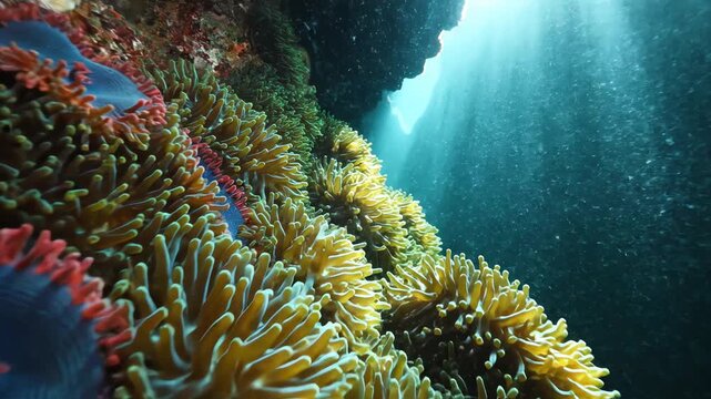 Colorful sea anemones on coral reef underwater with sun rays