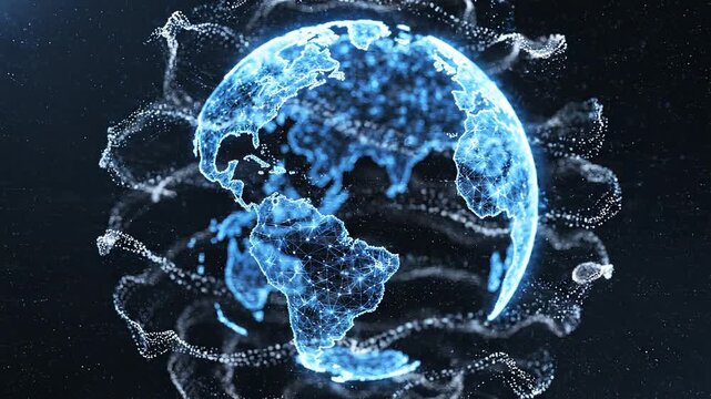 Digital Earth globe rotating with glowing particles during a global network connection in dark abstract background