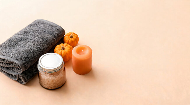 Cozy bath essentials with towel, oranges, and candles on peach background.