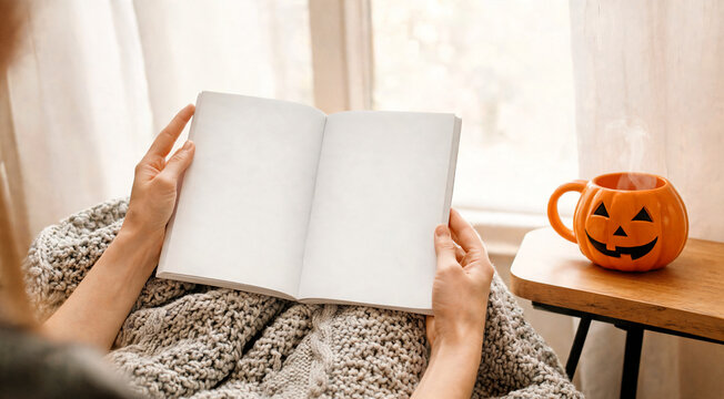 Person reading an open blank book while holding a warm drink.