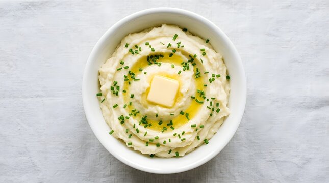 Creamy mashed potatoes in a white bowl topped with a square of butter and fresh chives, isolated on white background