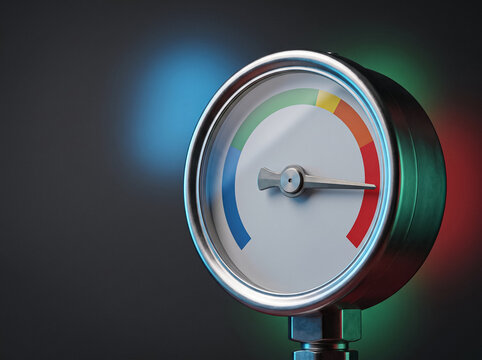 close up view of high pressure gauge with colorful scale on dark studio background representing industrial process control measurement safety hazard levels and equipment stability