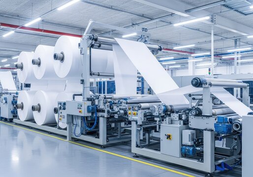 A high-speed industrial converting line processes massive rolls of white soft paper inside a clean, automated manufacturing facility floor, cleanliness, automation, machine