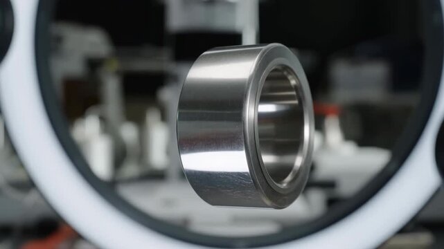 Metal cylindrical component rotates slowly inside industrial machine setup, showing polished surface details, circular shape and precise movement within bright manufacturing equipment environment