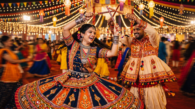 Joyful Indian Couple Performing Garba Dandiya Dance at Colorful Navratri Festival