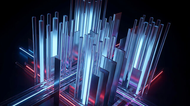 Abstract 3d composition with glowing glass cylinders and metallic rectangular prisms arranged in a futuristic architectural structure with blue and red neon lighting effects