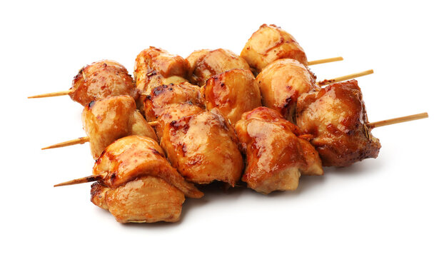 Delicious chicken shish kebabs isolated on white