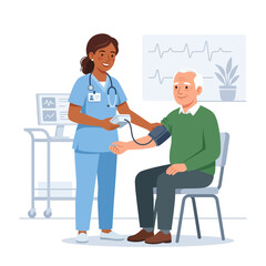 Obraz premium Nurse taking blood pressure of an elderly patient in a medical clinic setting, vector illustration