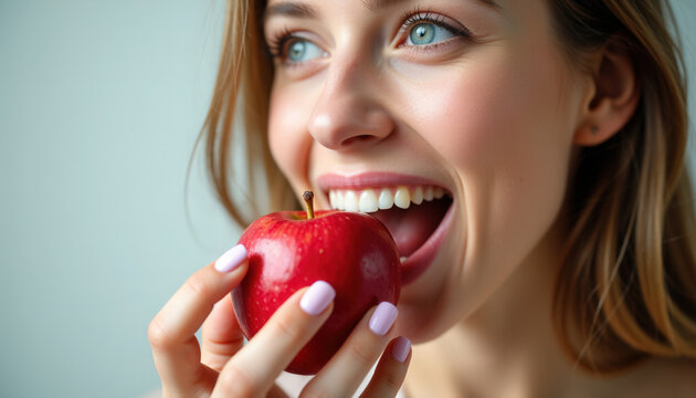 woman eating apple closeup with smiling young woman eating apple, biting glossy red apple showing teeth and healthy skin tones, warm natural light, fresh fruit nutritious snack for wellness,