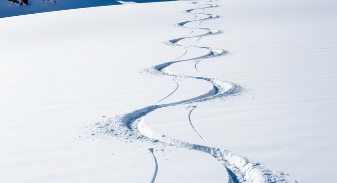 Graceful telemark ski tracks carve elegant S-curves into a pristine mountain slope of deep powder, showcasing fluid motion and rhythm, landscape, telemark, white