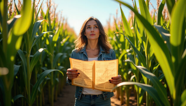 woman map reader in tall cornfield, woman map held open while navigating narrow maize rows during golden hour with denim jacket and concentrated expression,
