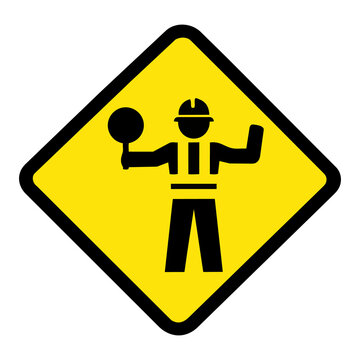 Road worker or flagman warning sign construction symbol vector illustration
