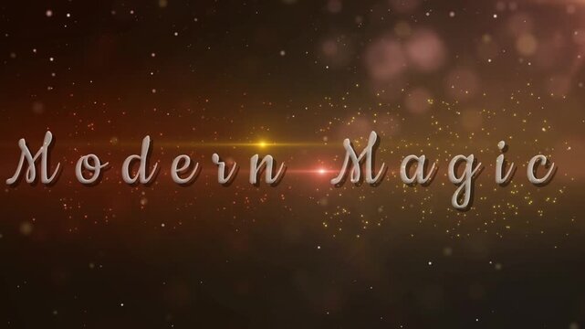 Glowing text animation with sparkling particles and bokeh lights on a dark brown background with video glowing typography transition atmosphere