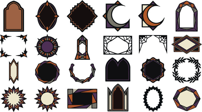 Gothic ornamental borders collection, medieval windows and frames vector set, antique decorative shapes and sunbursts, dark vintage design elements with purple, brown