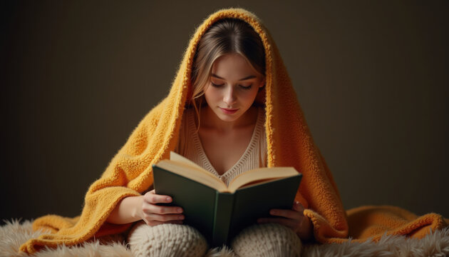 girl reading under blanket with warm yellow shawl, girl reading holds hardcover book while wrapped in cozy knit throw, soft lighting highlights focused young reader face,
