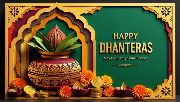 Happy dhanteras greeting card with ornate golden kalash pot and marigold flowers