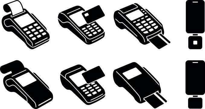 Set of payment terminal icons for credit card transactions and mobile payment methods