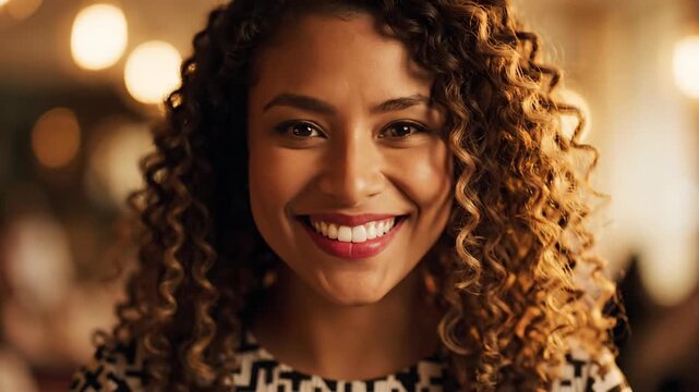 Smiling young woman with curly hair looking confidently at the camera
