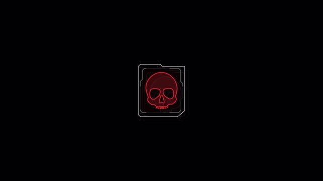 Neon Red Skull Icon Animation on Black Background.