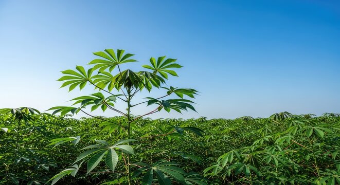 Vibrant green cassava plants flourish in a vast agricultural field under a clear blue sky, showing healthy foliage and organic growth, horizon, farming, plantation