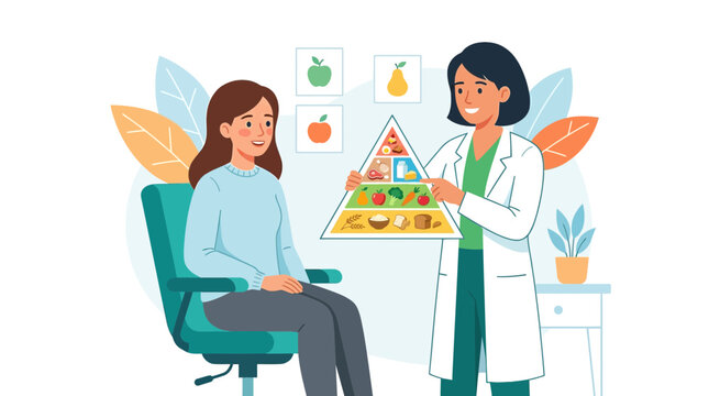 Nutritionist consulting patient, explaining healthy food pyramid chart, diet and wellness concept