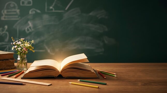Open book with magical glowing light on a wooden table with school supplies and a chalkboard background