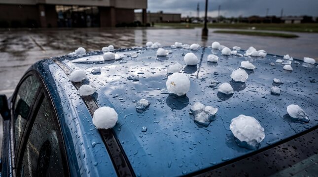 severe weather impact, hailstones cover a wet blue metallic car roof after a fierce storm