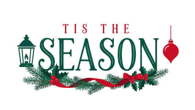 'tis the season graphic with christmas tree ornaments lantern ribbon winter holidays seasonal desi