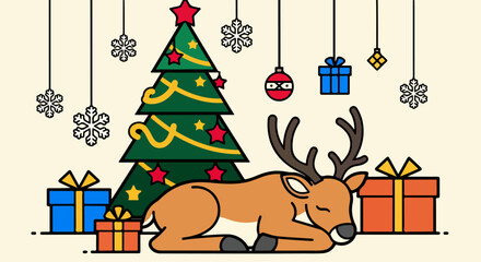 Fototapeta premium A cute cartoon reindeer sleeping peacefully under a decorated Christmas tree.