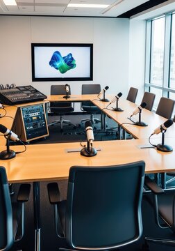 A bright contemporary interior space shows organized seating and professional audio equipment prepared for a collaborative local assembly, collaboration, progressive, atmosphere