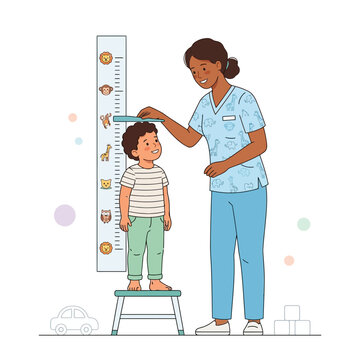 Pediatrician measuring child's height on a playful animal-themed wall chart in a clinic or doctor's office setting.