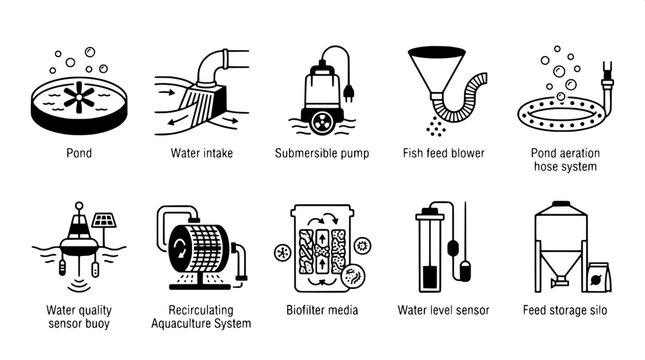 Pond management and recirculating aquaculture system icons showing water intake submersible pumps sensors biofilter media with icon set
