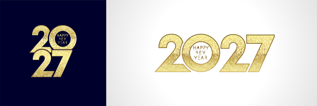 2027 golden mosaic logo numbers design for Happy New Year. Vector illustration with gold luxury digits and text. Concepts for greeting card or invitation for new year party