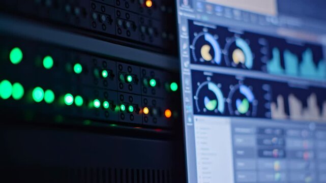 Audio equipment panel displays glowing indicator lights beside control interface with waveform screen, showing illuminated studio hardware details in dark environment with colorful LEDs and electronic