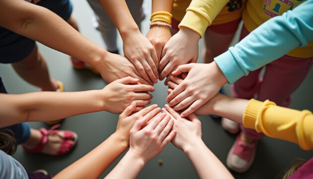 children hands together forming circle, diverse kids palms stacked in playful group on colorful floor, children hands together expressing unity,