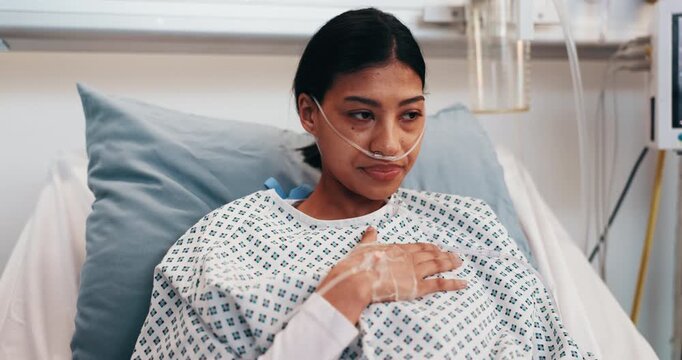 Sick, woman and cough in hospital bed with chest pain, tuberculosis or respiratory infection symptom. Tired, person and asthma attack in medical clinic with breathing tube, lung disease and fatigue.