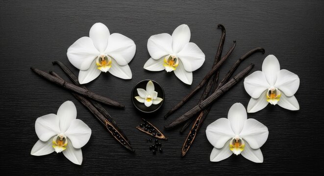 Elegant white vanilla orchid blossoms paired with dark aromatic pods lying on a textured ebony wooden surface, perfect for food concepts, white, copy space, luxury