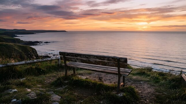 Empty wooden bench on a grassy cliff overlooking the sea during a colorful sunset with landscape twilight furniture perspective peaceful tranquil relaxation