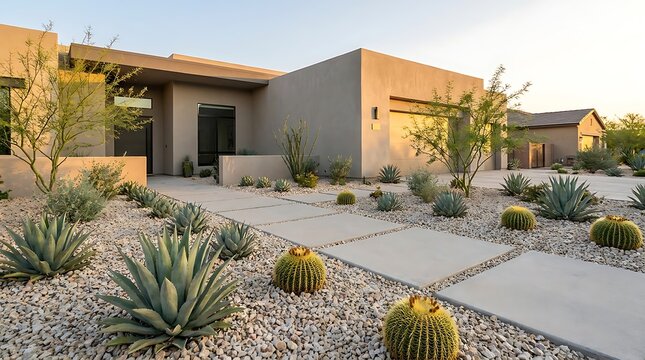Modern luxury house with desert landscaping and stone path in a sunny neighborhood during the daytime. arizona front yard
