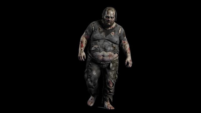 A terrifying bloated 3D zombie walking forward isolated on a dark black background. Ideal for horror gaming trailers, Halloween promotional clips, dark cinematic scenes, and spooky visual effects comp