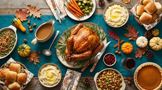 A bountiful and delightful thanksgiving feast celebrating gratitude with family and friends around a table overflowing with traditional and delicious holiday dishes and treats