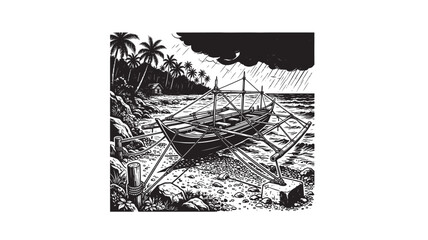 Obraz premium Outrigger boat secured on tropical beach during a heavy storm and incoming typhoon.